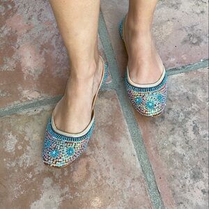Embroidered Blue and Tan Women's Flats